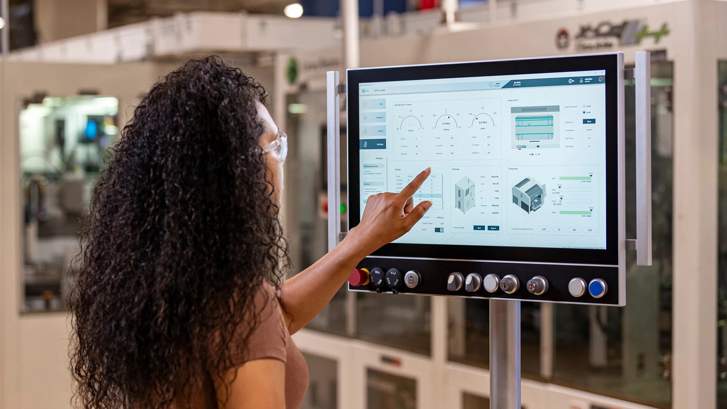 Siemens HMI panels organized on shelving, tested and ready to ship